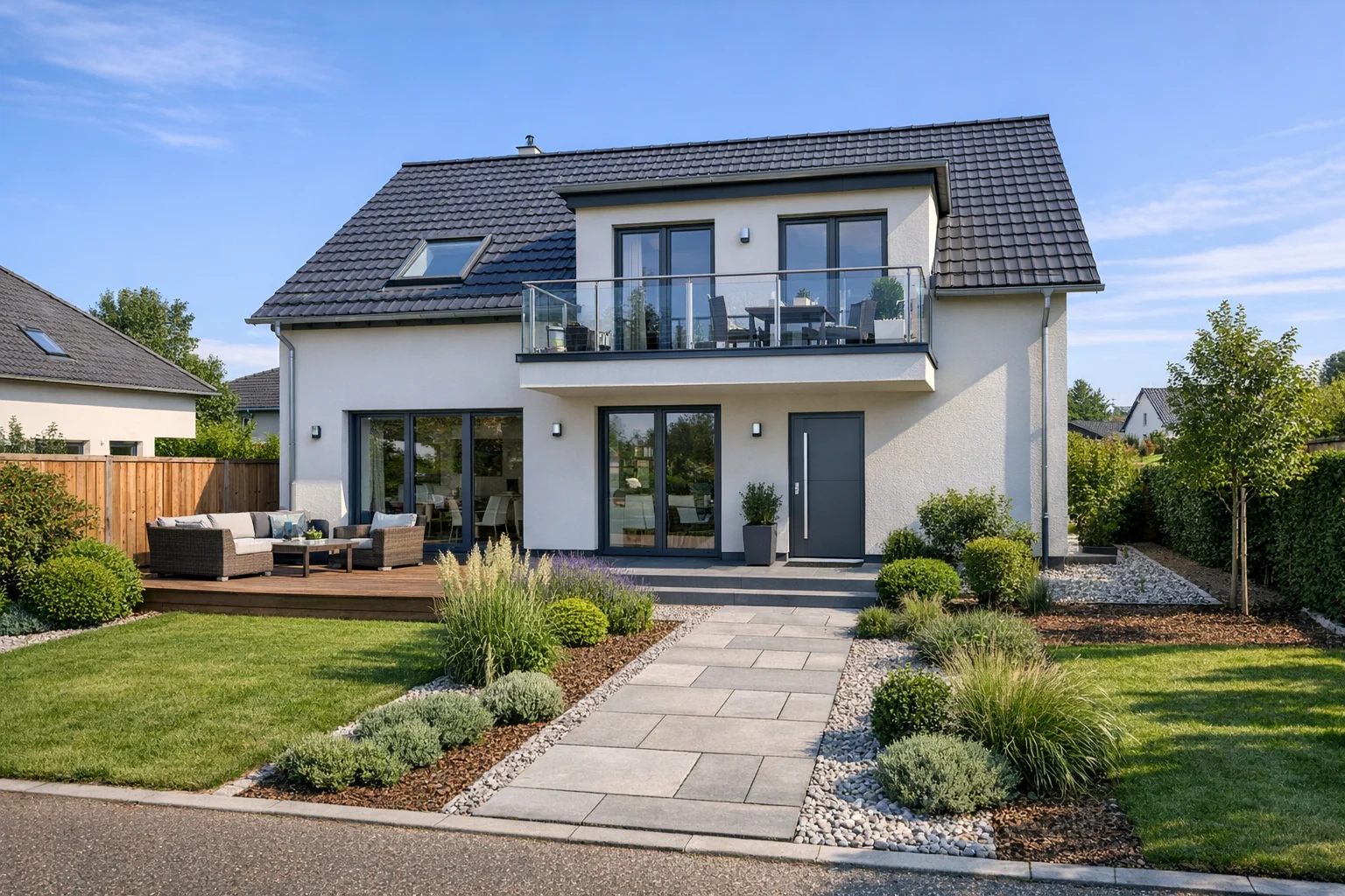 Modernes Einfamilienhaus mit Balkon, Terrasse und gepflegtem Vorgarten in Berlin oder Brandenburg.