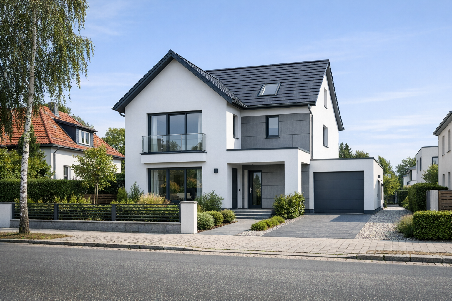 Modernes Einfamilienhaus mit Balkon, Garage und gepflegtem Vorgarten in Berlin oder Brandenburg