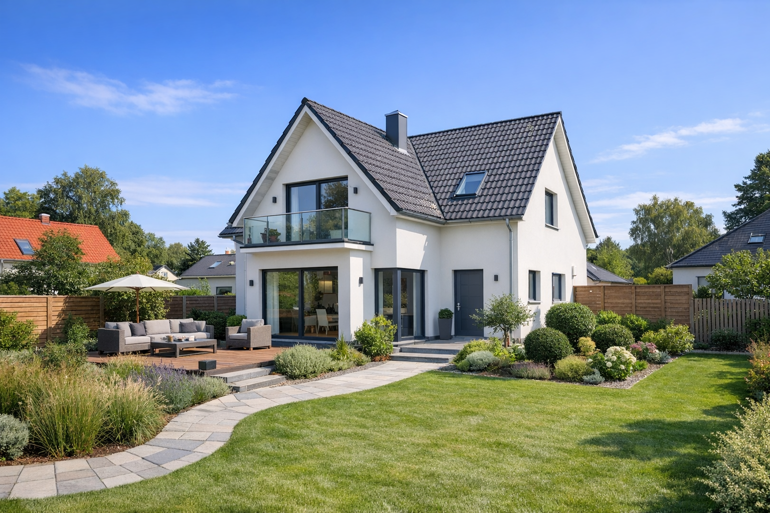 Modernes Einfamilienhaus mit Balkon, Terrasse und gepflegtem Garten in Berlin oder Brandenburg
