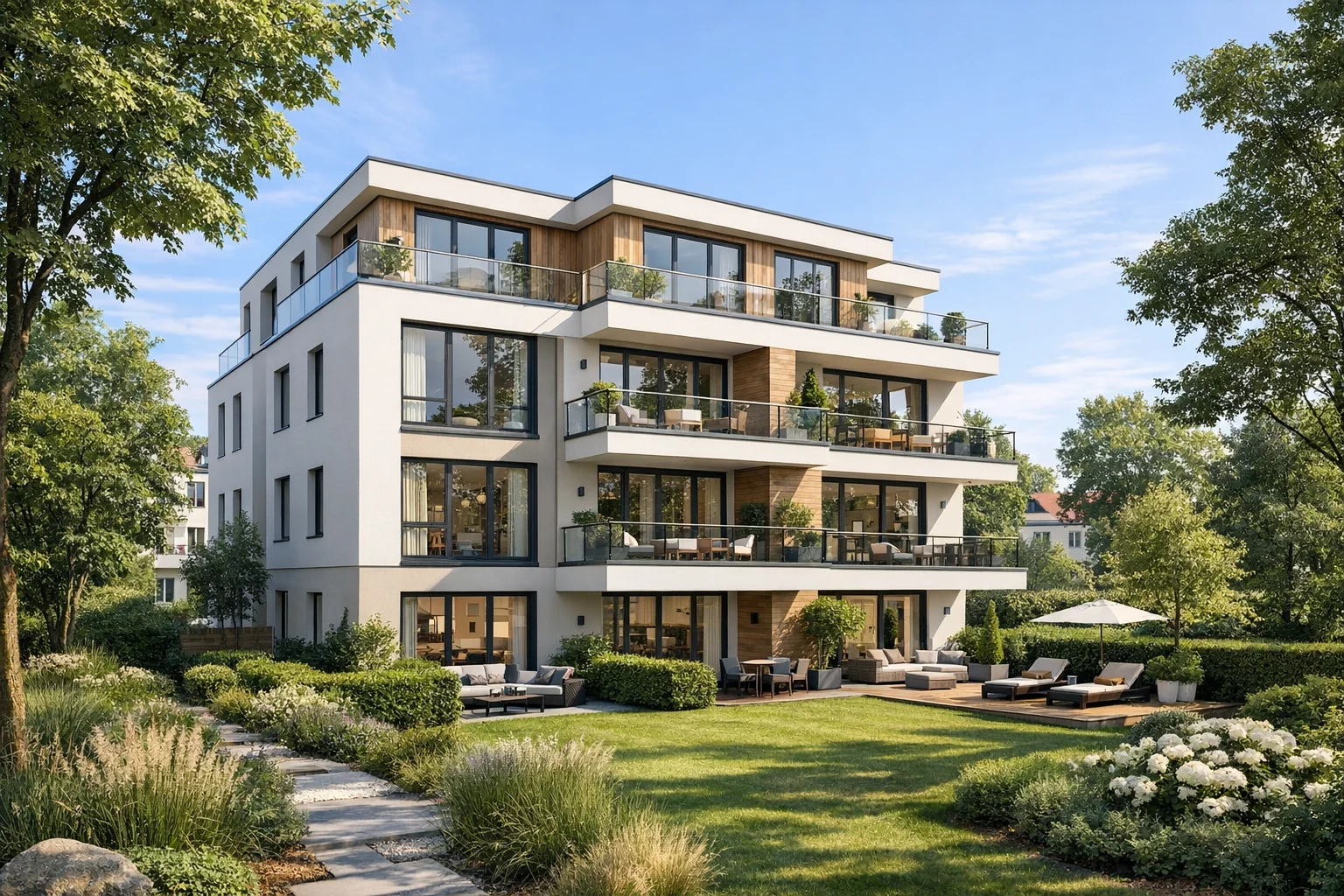 Modernes Mehrfamilienhaus mit großzügigen Balkonen, großen Fensterflächen und gepflegter Gartenanlage in Berlin oder Brandenburg.