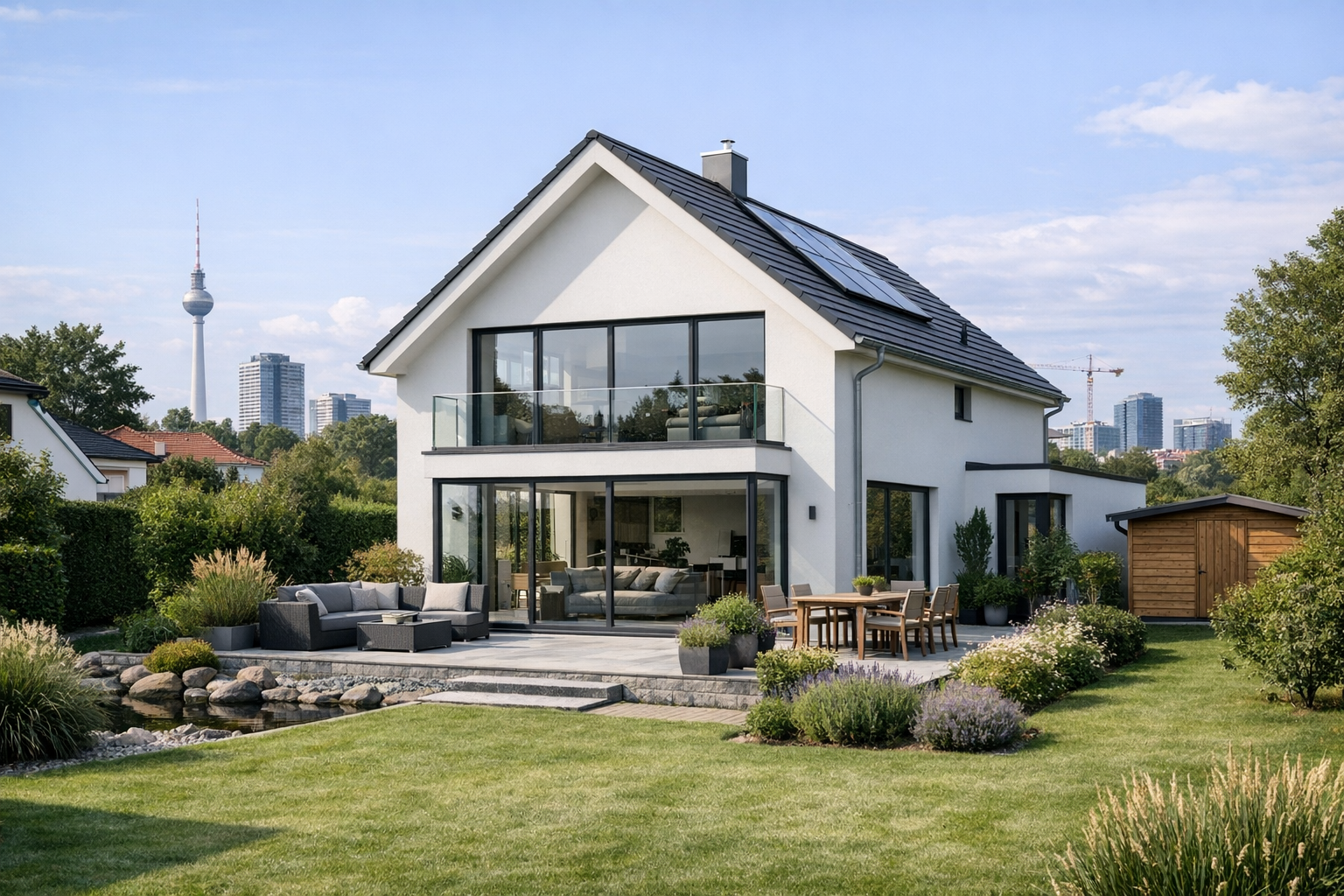 Modernes Einfamilienhaus mit Balkon, großer Terrasse, Solaranlage und Blick auf den Berliner Fernsehturm.