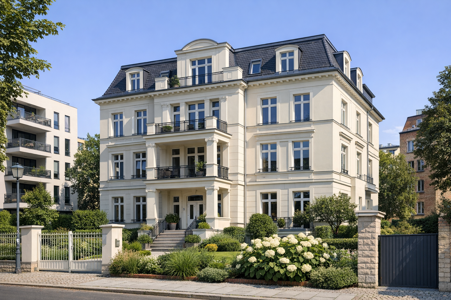 Klassische Stadtvilla mit Balkonen, Mansarddach und gepflegtem Vorgarten in Berlin oder Brandenburg