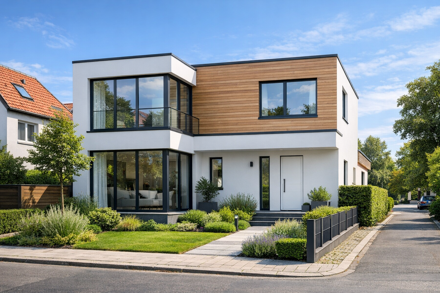 Modernes Einfamilienhaus mit Flachdach, großen Fensterflächen und gepflegtem Vorgarten in Berlin oder Brandenburg