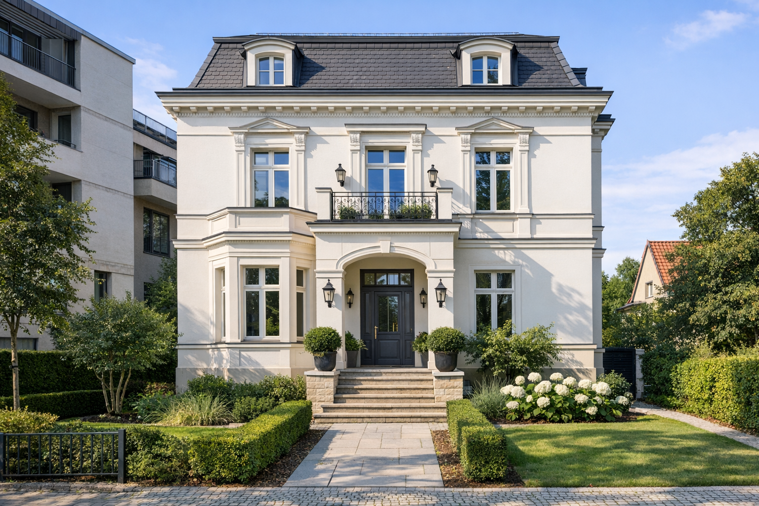 Stilvolle Stadtvilla mit Balkon, Mansarddach und gepflegtem Vorgarten in Berlin oder Brandenburg