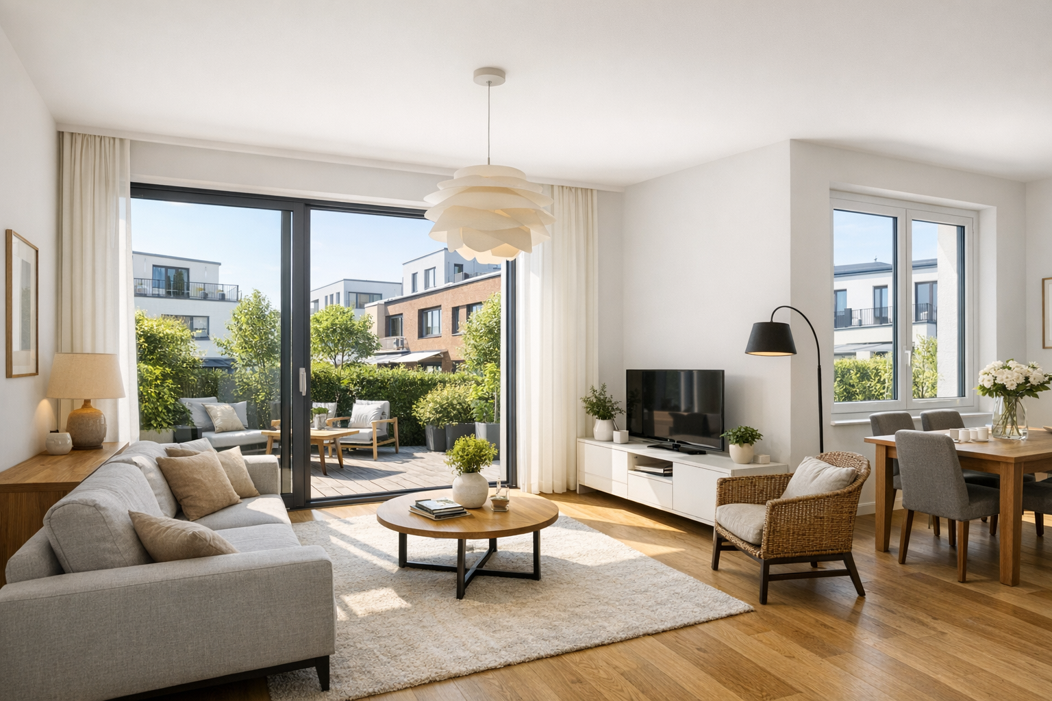 Helles modernes Wohnzimmer mit großer Fensterfront, Terrassenzugang und Blick auf eine gepflegte Wohnanlage in Berlin oder Brandenburg
