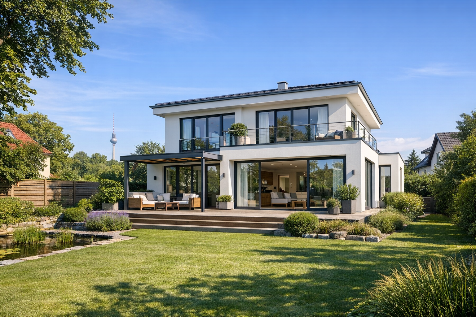 Modernes Einfamilienhaus mit großer Terrasse, Balkon, gepflegtem Garten und Blick auf den Berliner Fernsehturm.