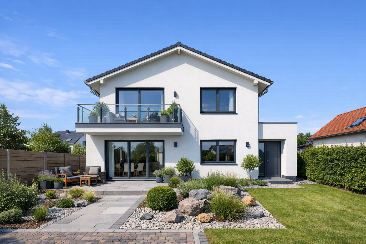 Modernes Einfamilienhaus mit Balkon, Terrasse und gepflegtem Garten in Berlin oder Brandenburg
