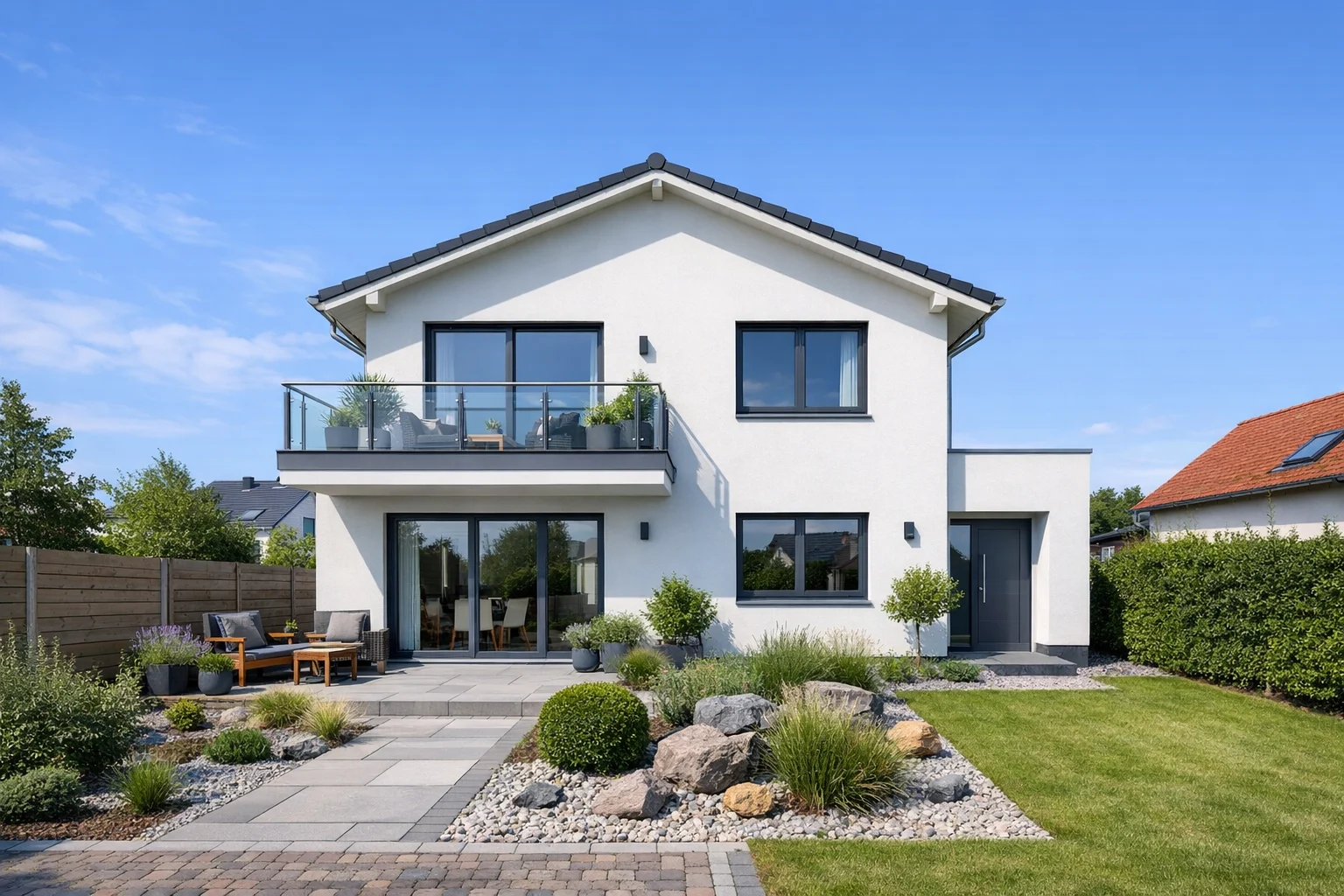 Modernes Einfamilienhaus mit Balkon, Terrasse und gepflegtem Garten in Berlin oder Brandenburg