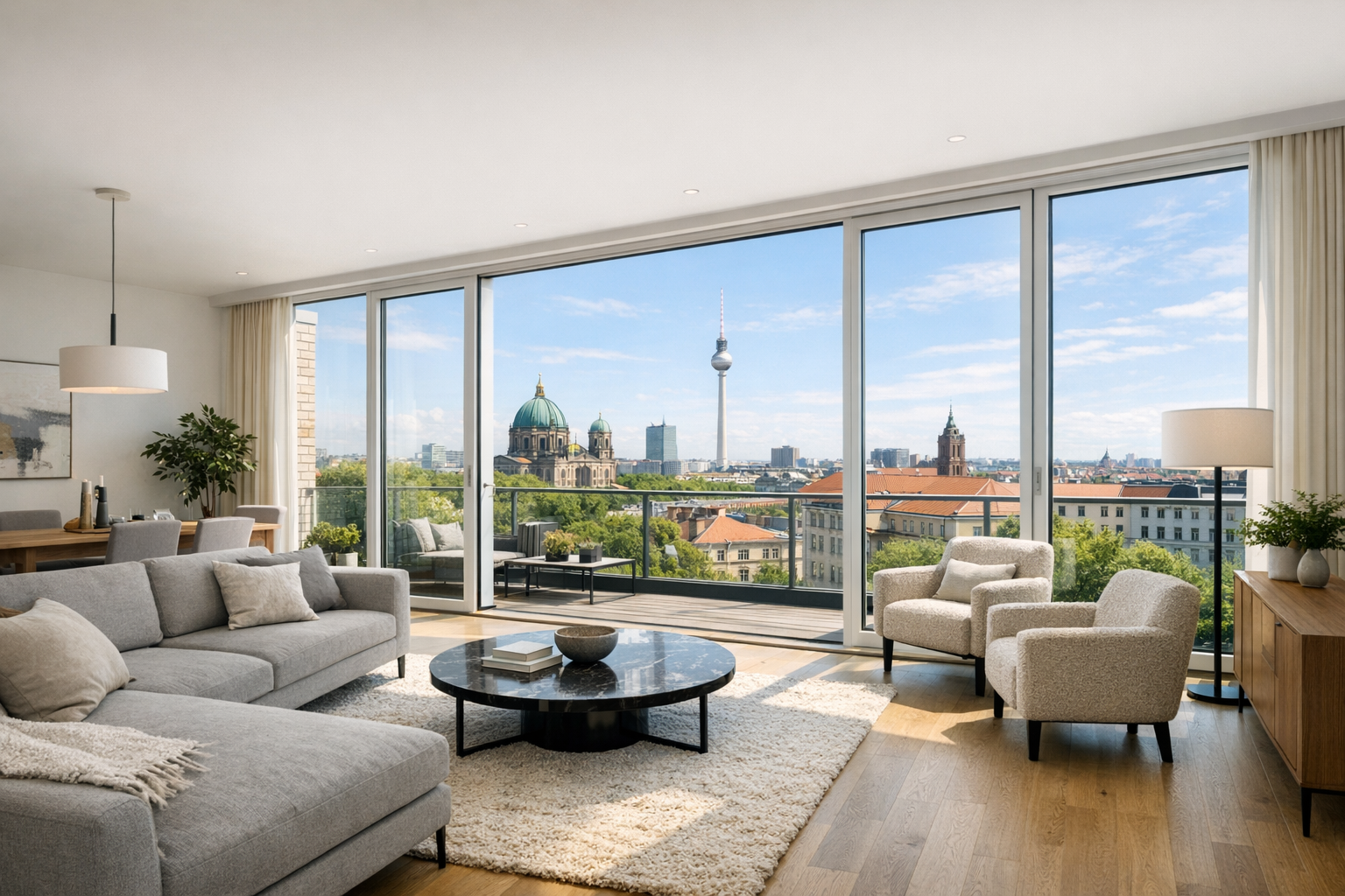 Modernes Wohnzimmer mit bodentiefen Fenstern und Blick auf die Berliner Skyline mit Fernsehturm und Berliner Dom.