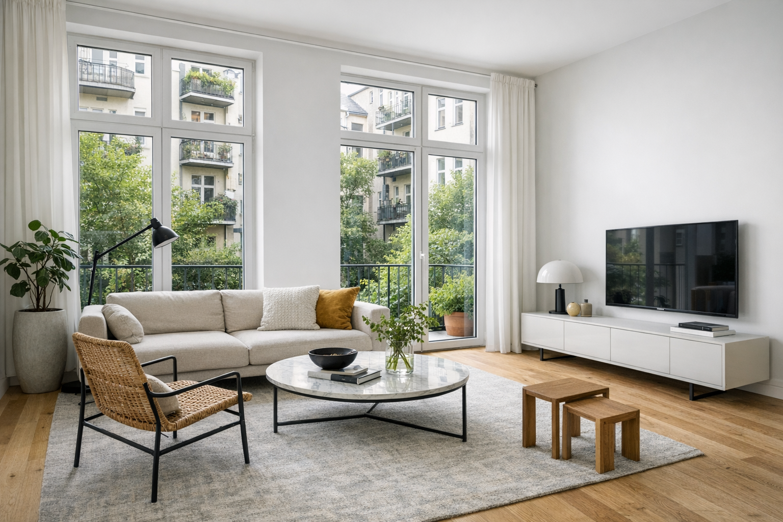 Helles modernes Wohnzimmer mit großen Fenstern, Balkonzugang und Blick auf einen begrünten Innenhof in Berlin oder Brandenburg