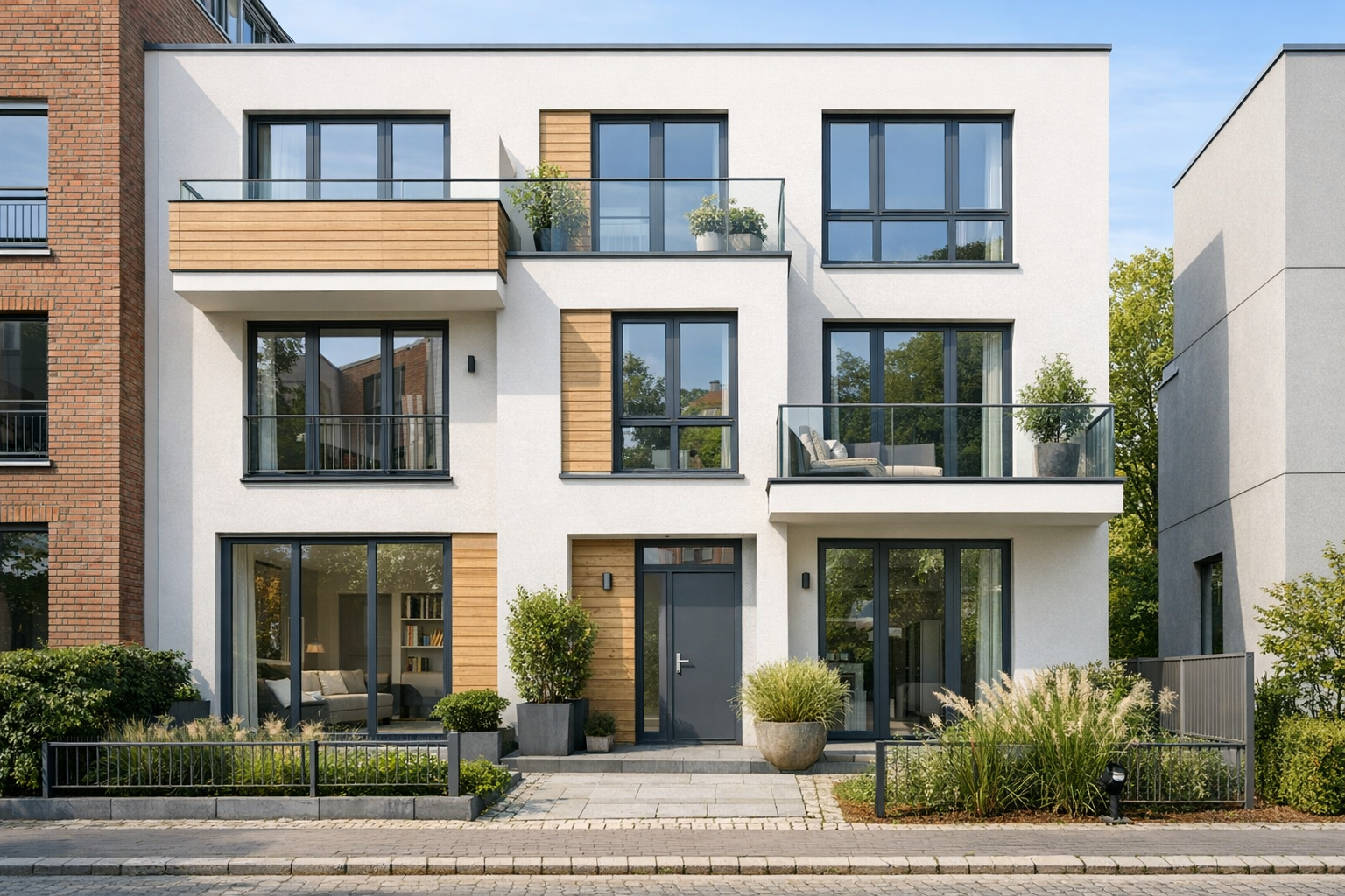 Modernes Mehrfamilienhaus mit Balkonen, großen Fensterflächen und gepflegtem Eingangsbereich in Berlin oder Brandenburg