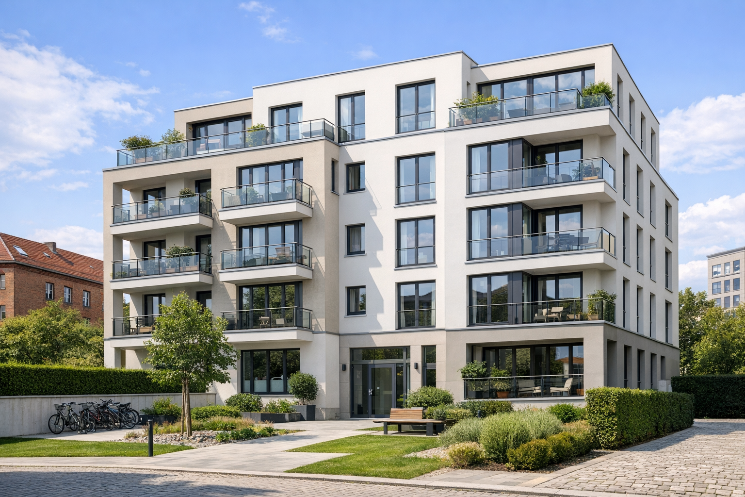 Modernes Mehrfamilienhaus mit Balkonen, großen Fensterflächen und gepflegter Außenanlage in Berlin oder Brandenburg