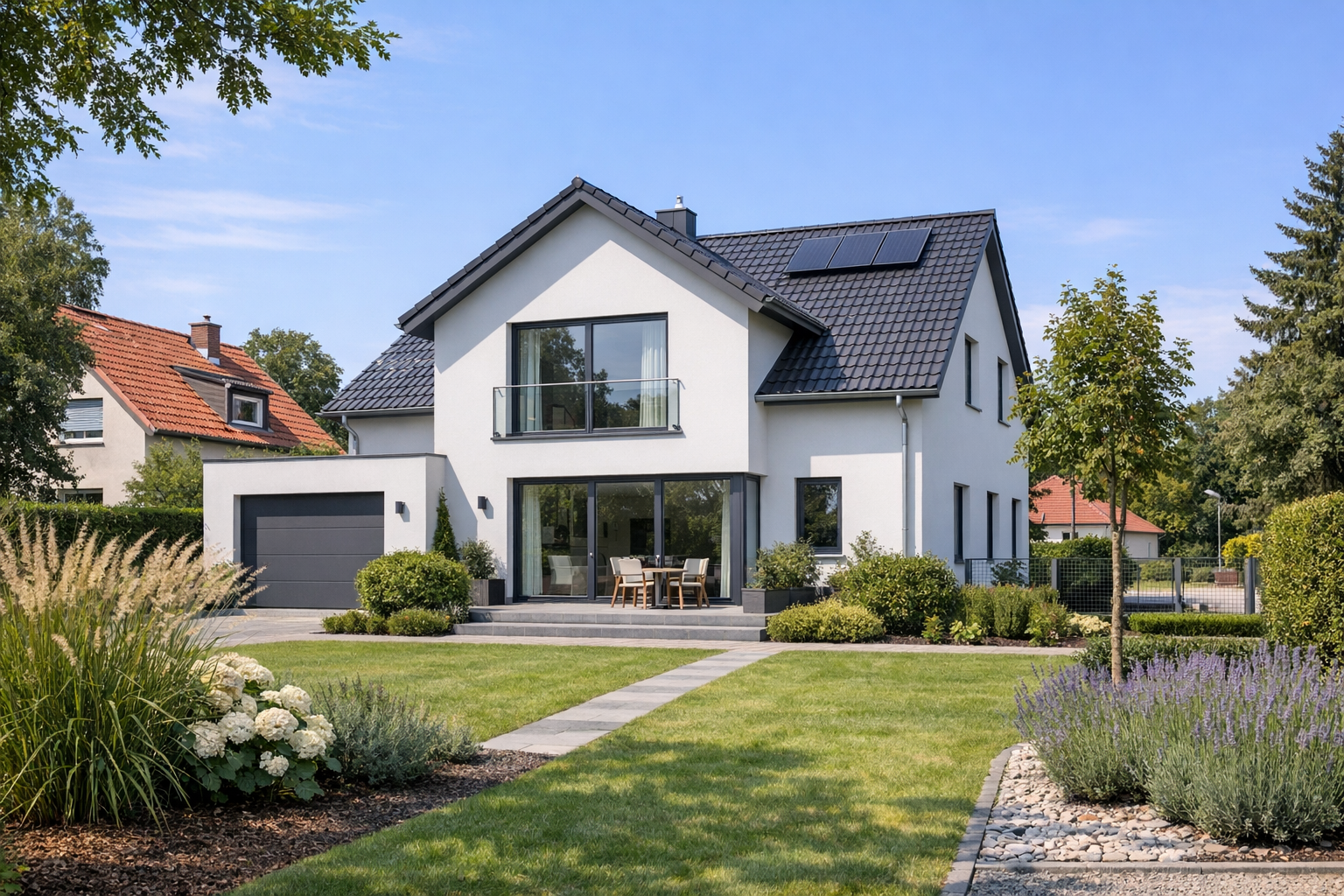 Modernes Einfamilienhaus mit Satteldach, Solaranlage, Garage und gepflegtem Garten in Berlin oder Brandenburg.
