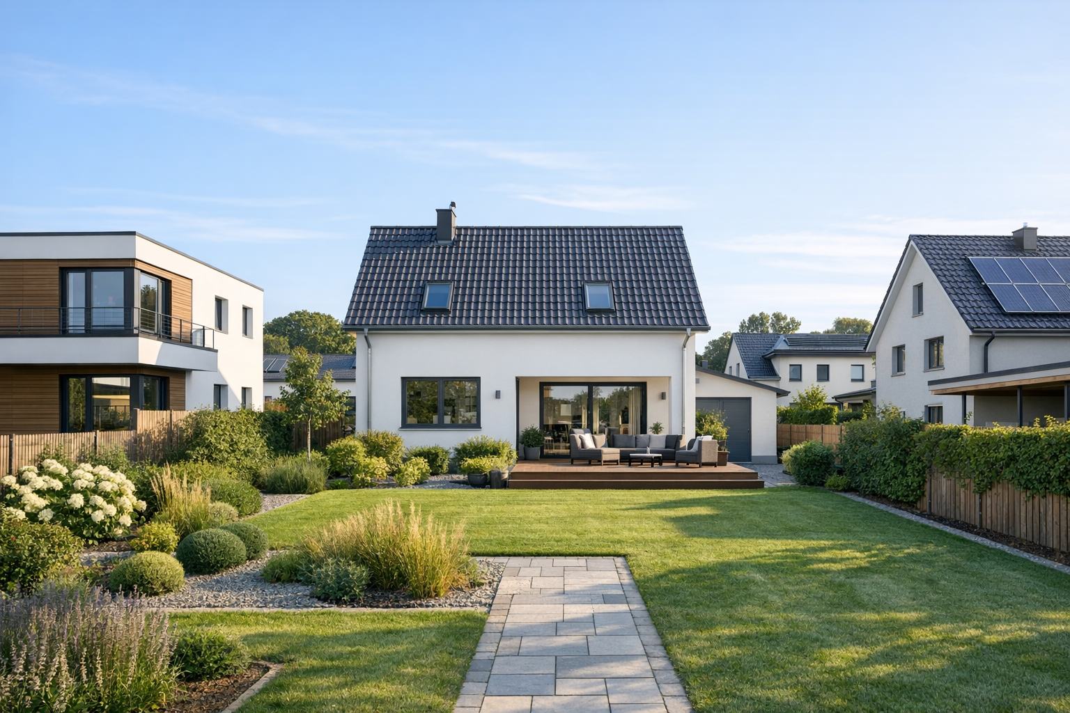 Freistehendes Einfamilienhaus mit großer Terrasse, gepflegtem Garten und modern angelegtem Außenbereich
