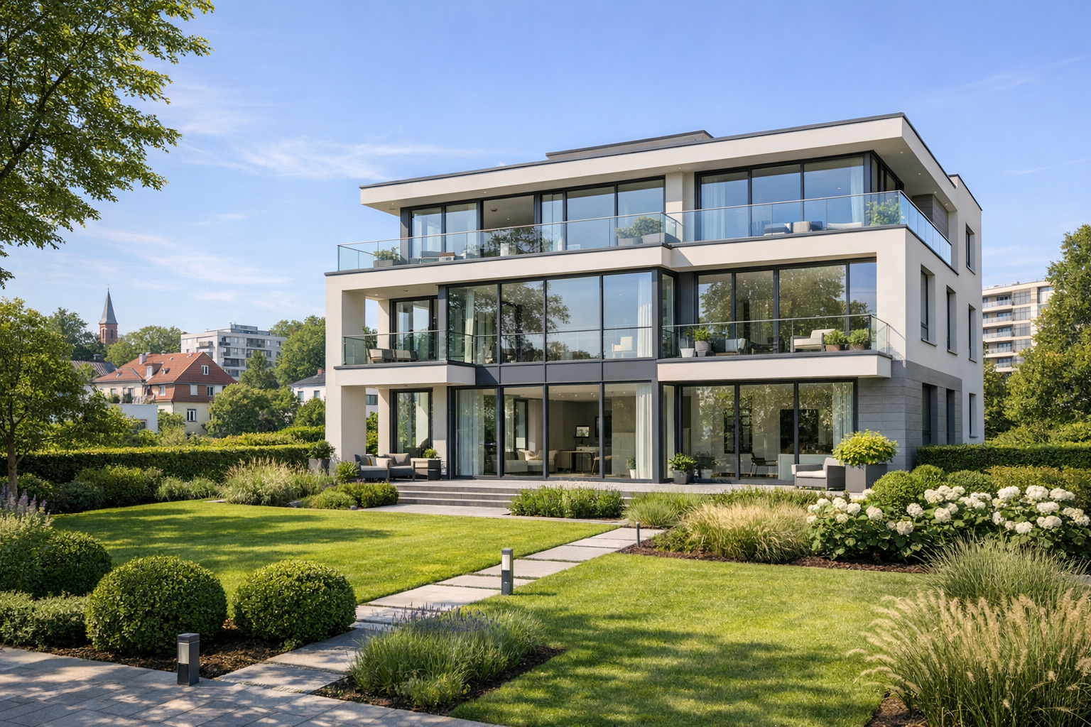 Modernes Mehrfamilienhaus mit großen Glasfronten, Balkonen und gepflegter Gartenanlage in Berlin oder Brandenburg.