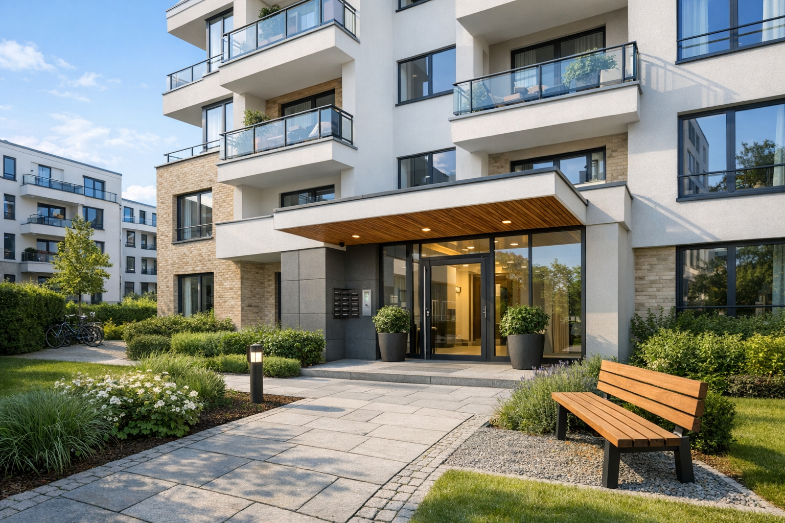 Moderner Eingangsbereich eines Mehrfamilienhauses mit Balkonen, bepflanzter Außenanlage und Sitzbank