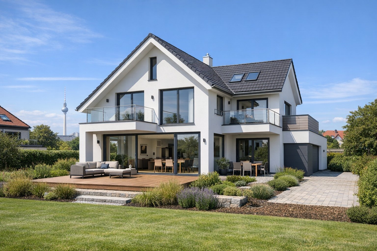 Modernes Einfamilienhaus mit Balkon, großer Terrasse, Garage und gepflegtem Garten in Berlin oder Brandenburg