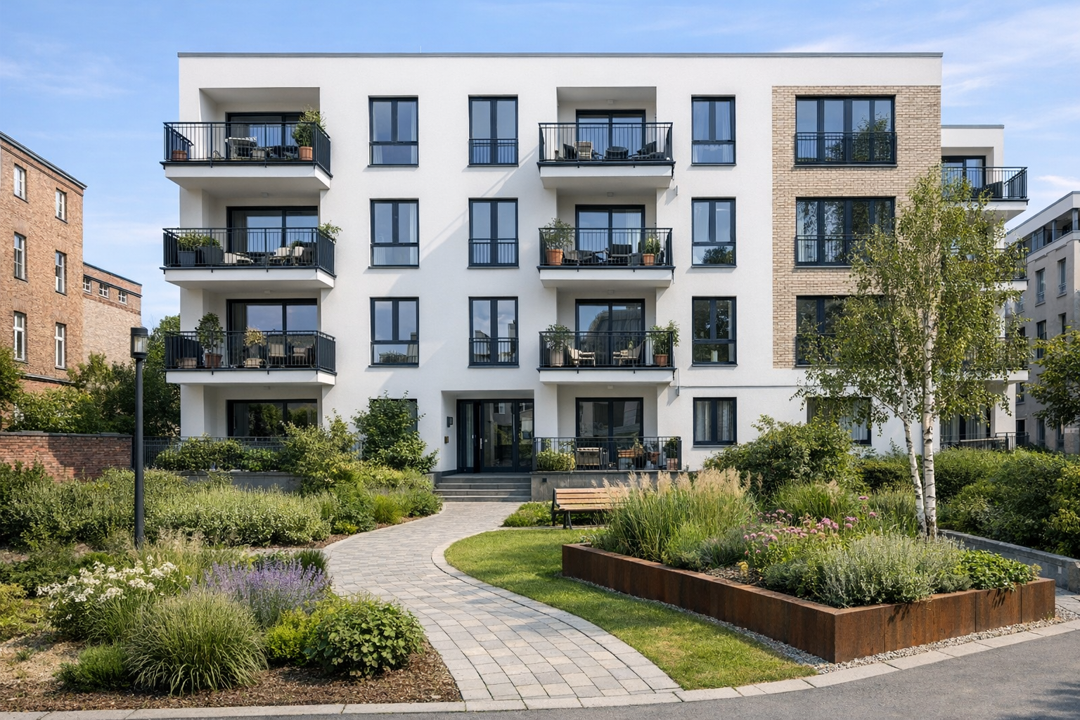 Modernes Mehrfamilienhaus mit Balkonen, Hauseingang und bepflanztem Vorgarten