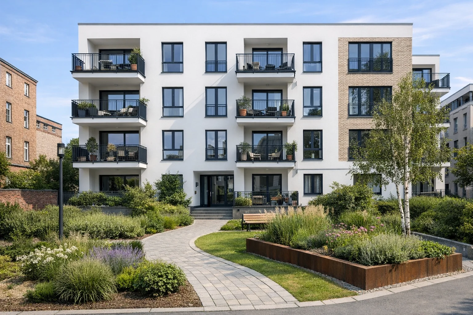 Modernes Mehrfamilienhaus mit Balkonen, Hauseingang und bepflanztem Vorgarten