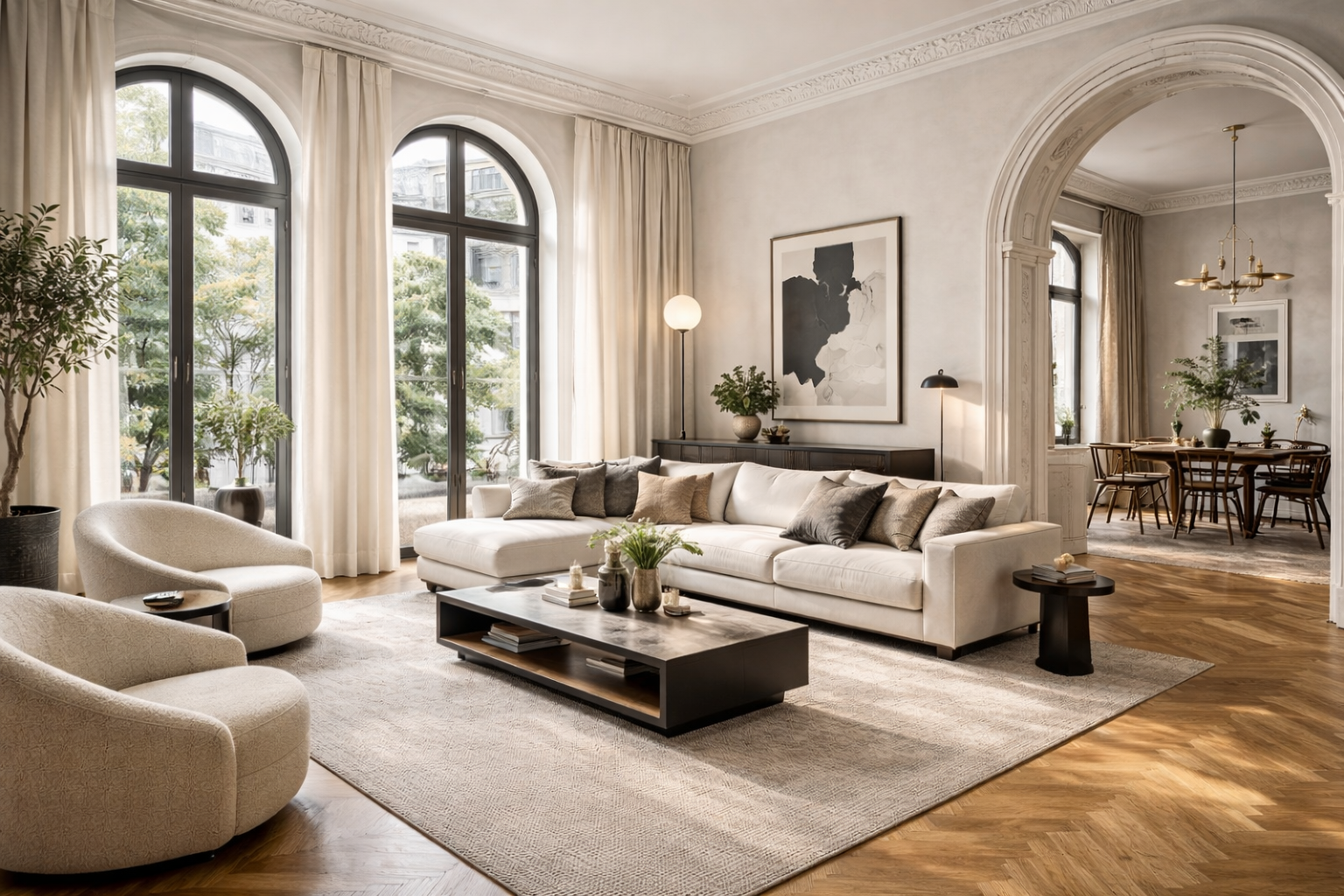 Elegantes Altbau-Wohnzimmer als visuelle Darstellung für Maklerprovision Berlin berechnen