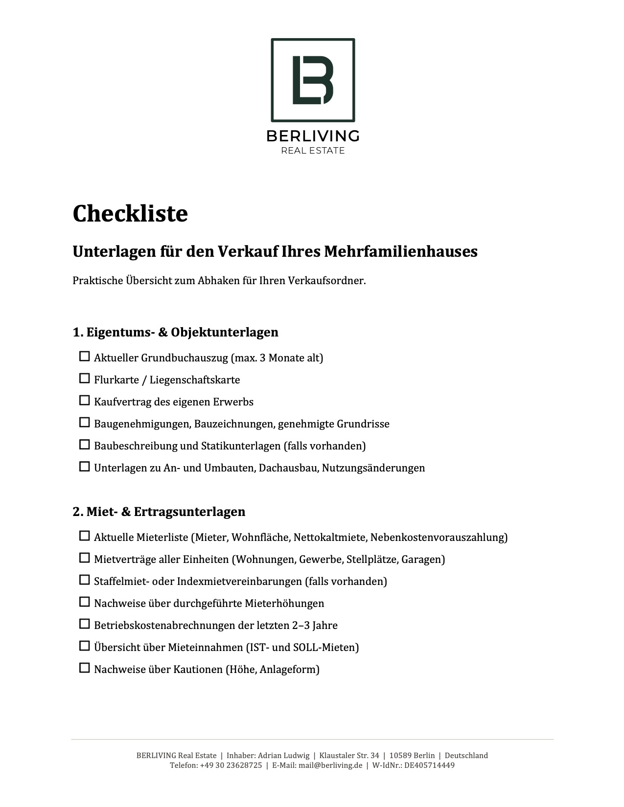Vorschau der Checkliste Unterlagen für den Verkauf eines Mehrfamilienhauses